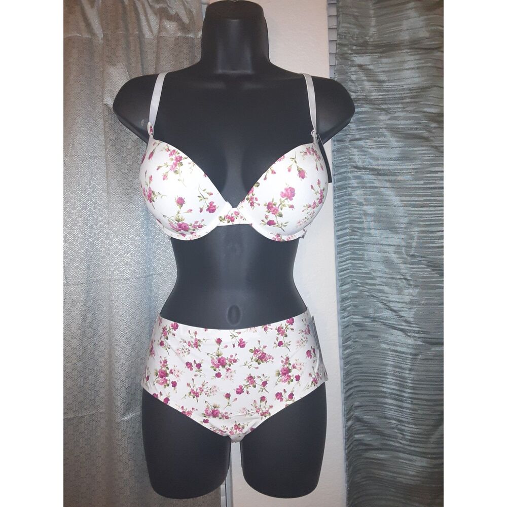 Youmita 36C White Poppy Floral PushUp Bra and Seamless Panty NWT